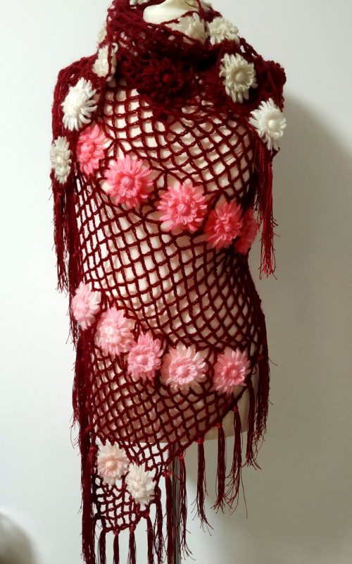 crochet mesh triangle shawl waterlily flower