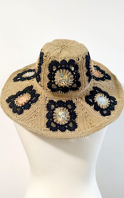 fiscardo patchwork square motifs crochet summer hat with large brim