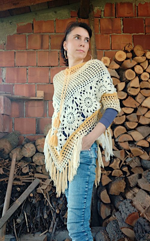 crochet yellow beige poncho Margo with sleeves patchwork flower motifs