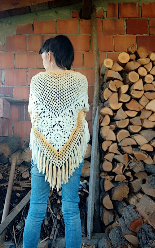 crochet yellow beige poncho Margo with sleeves patchwork flower motifs