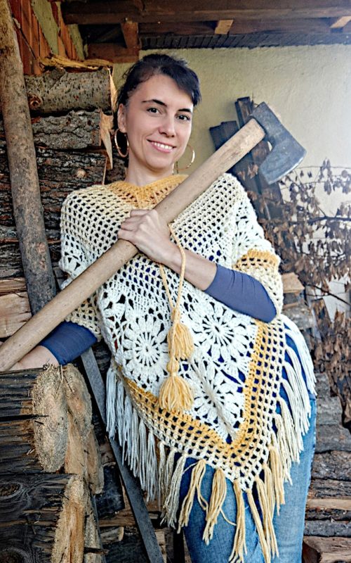 crochet yellow beige poncho Margo with sleeves patchwork flower motifs